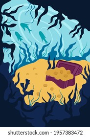 Blue Sea Bottom with Yellow Sand and Treasure Chest Full of Golden Coins Aerial Perspective Vector Illustration. Open Trunk Sunken Deep in the Ocean Rested on Seabed as Fantastic Wealth Concept