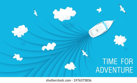 Blue sea and clear sky top view with a sailing yacht. Paper art design. Vector template