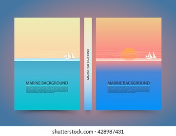 Blue sea and clouds on sky banner, Nature cover background, A4 size paper, Vector illustration