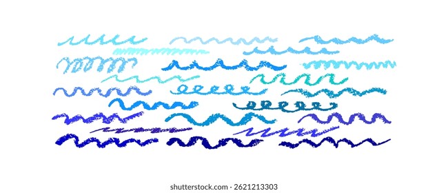 Blue sea. Crayon hand drawn bg, vector wavy line. Colorful chalk, childish textured doodle illustration. Marine pencil texture for art print, card, poster, packaging design