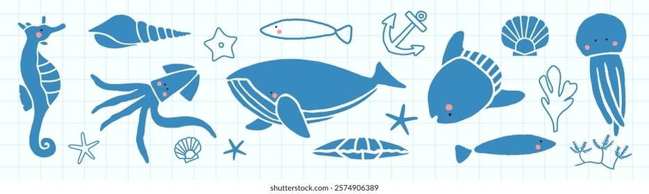 Blue sea creatures like fish, whale, and octopus in a playful pattern. Fish, whale, and octopus are central. Fish, whale, and octopus theme. Doodle illustrations, vector set.