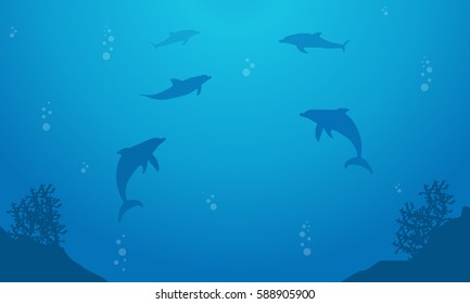 Blue sea with dolphin landscape silhouette