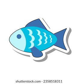 Blauer Seefisch mit flachem Schwanz-Aufkleber. Unterwasserbewohner von Meerestiefen und Ozeanen mit Flossen und Waagen einzeln auf weißem Hintergrund. Natur, Aquarium, Lebensmittelkonzept