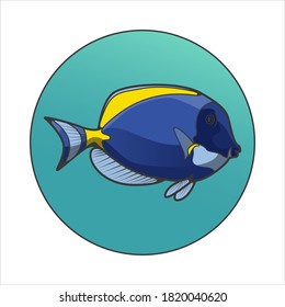 Blue sea fish with yellow fin vector on gradient circle with white background