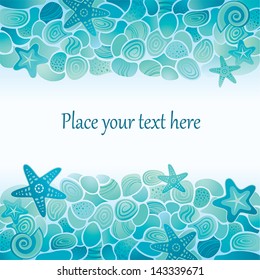 Blue Sea Floor Card With Sea Stones, Starfish And Seashells