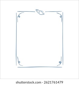 Blue sea frame with doodle sea shells marine sketch elements on white background for summer design
