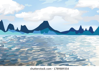 A blue sea front of a glacier mountain view