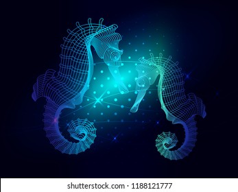 Blue sea horse composed. Marine animal digital concept. Vector illustration of a starry sea or Comos. The sea horse consists of lines. Wireframe light connection structure
