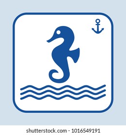 Blue sea horse icon, swimming in the sea or ocean. Sign anchor. Marine theme. Dark blue silhouette. Vector illustration