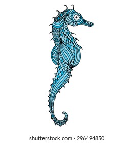 Blue sea horse illustration on simple white background