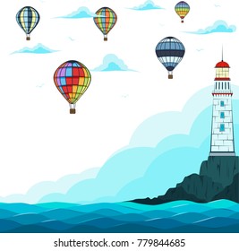 Blue sea with hot air balloons and lighthouse on island. Marine nature landscape, wildlife background, sea navigation vector illustration