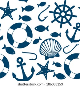 blue sea icons seamless pattern on white