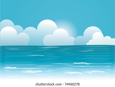 Blue sea landscape with beautifull clouds.Vector image