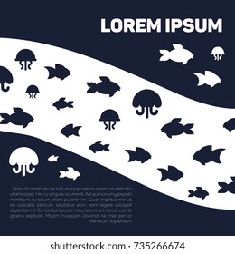Blue sea life or ocean with fish and jellyfishes. Vector illustration poster