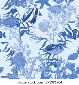 Blue sea life seamless background, underwater vector illustration, fish and seaweed