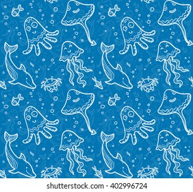 Blue sea life vector background with white doodle style ocean creatures