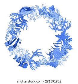 Blue Sea life Vintage Round Frame with Fish and Seaweed. Love You with Place for Your Text. Underwater Vector Illustration