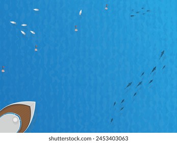 Blue sea, marine life top view. Aerial view. Summer holiday background.	