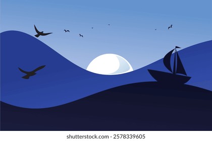 Blue sea at night with moonlight and silhouettes of ships and birds