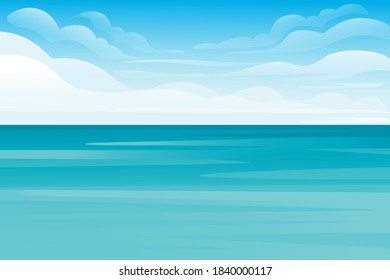 Blue sea or ocean landscape summer day with cloud flat vector illustration