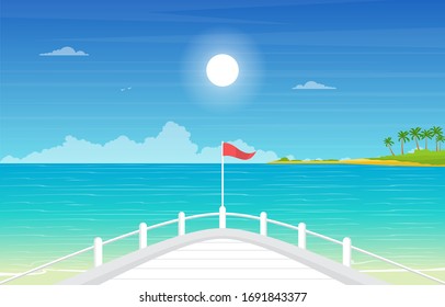 Blue Sea Ocean Landscape View on Cruise Ship Deck Illustration