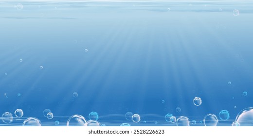 Blaues Meer Ozean Wasseroberfläche Ebene in Unterwasser mit Blasen und Sonnenstrahlen Hintergrund, Vektor Realistische Tief Unten Unterwasseraqua mit Wasserlinie, Illustration Horizont in sauberen Fluss oder See