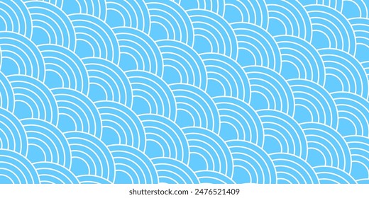 Mar azul u olas oceánicas en disposición diagonal. Estampado de vieiras. Escama de pez, dragón o fondo de escala de serpiente. Patrón japonés de seigaiha. Adorno geométrico simple. Ilustración plana de Vector.