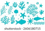 Blue sea pattern in Matisse style on white background. Vector coral, seashells, scallops, starfish. Deep sea background. Printable silhouette.