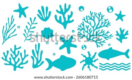Blue sea pattern in Matisse style on white background. Vector coral, seashells, scallops, starfish. Deep sea background. Printable silhouette.