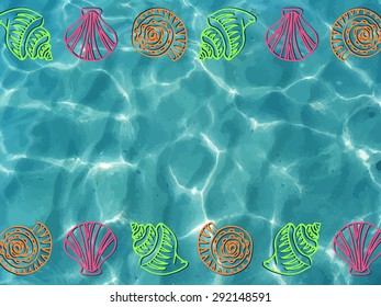 Blue sea realistic water with shells. Ocean water. Blue ocean. Summer vacation. Travel concept. Vector sea water illustration. Summer trip posters, traveling and vacations cards design.