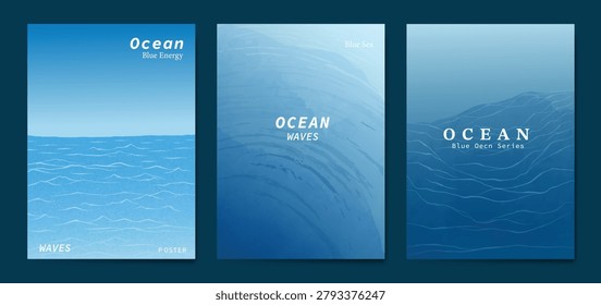 Blue sea and river Card set vector. Poster design with watercolor blue ocean wave pattern backdrop. Modern illustration for cover, banner, website, decor, interior.