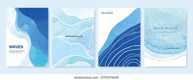 Blue sea and river Card set vector. Poster design with watercolor blue ocean wave pattern backdrop. Modern illustration for cover, banner, website, decor, interior.