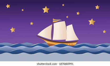 blue sea and a sailboat on the background of night sky and stars