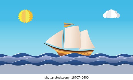 blue sea with a sailboat on the background of a bright sky with the sun
