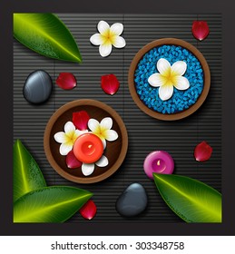 Blue sea salt. spa background. spa background with tropical flowers and stone spa candle. Summer tropical green leaves