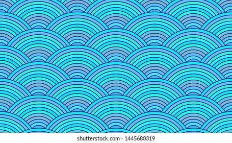 Blue sea seamless pattern, japanese traditional ornament, fish scales, mermaid tail, vector graphic design, wrapping paper