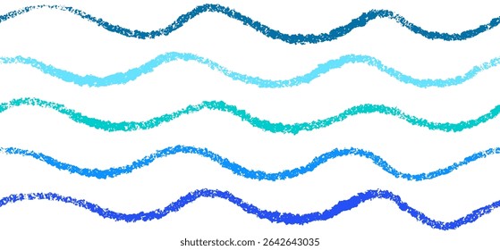 Blue sea seamless pattern. Marine repeat waves. Crayon hand drawn backdrop, vector wavy line. Colorful doodle print. Art pencil texture for art card, design of paper, textile