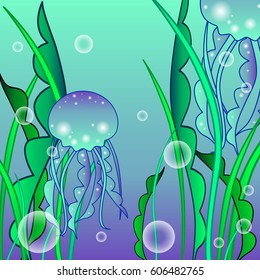 Blue sea with seaweed, jellyfish and bubbles vector