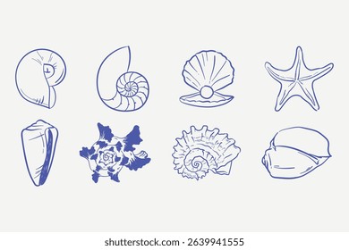 Blue sea shell boho collection. Hand drawn minimalist line illustration for logo, print, menu. Summer trendy beach ink doodle elements. Vector coastal marine icons.Clam, conch, cockle, scallop shells.