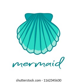 Blue sea shell and mermaid writing. Hand drawn illustration vector.