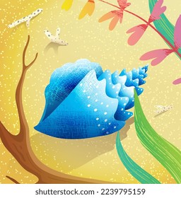 Concha del Mar Azul en la playa, afiche de verano y vacaciones o tarjeta de saludo con concha de concha azul. Dibujo artístico de la costa tropical a mano. Ilustración artística vectorial.