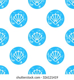 Blue Sea Shell Pattern on White Background - Grunge Retro Seamless Pattern Background - Vector Illustration