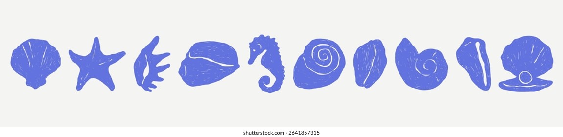 Blue sea shell silhouette icon set. Abstract hand drawn vector logotype. Minimalist illustration of clam, conch, cockle, scallop shells. Summer tropical ink doodle element symbol.