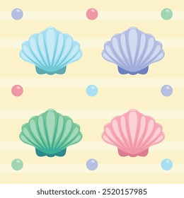Blue sea shells with colored pearls. Vector illustration in flat cartoon style