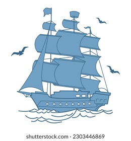 Blue sea ship, frigate, caravel with seagulls. Sea illustration, transport, vector