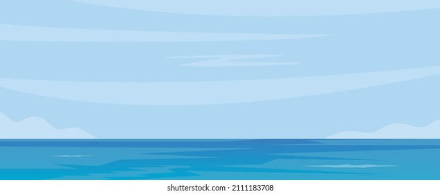 Blue sea and sky background. Calm sea surface, sky, clouds. Vector illustration