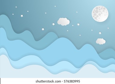 Blue sea and sky background with nighttime. paper art style