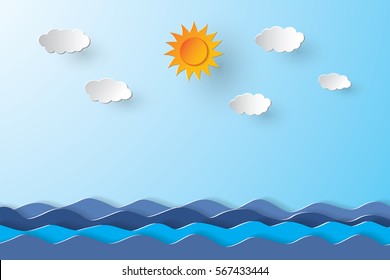 Blue sea and blue sky background. paper art style.