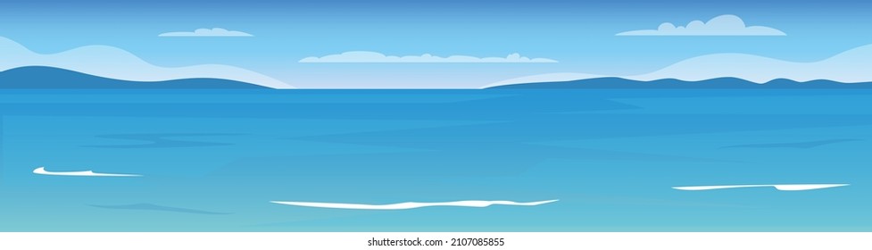 Blue sea and sky background. Sea surface, mountains on the horizon, waves. Vector illustration