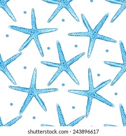 Blue sea stars background. Watercolor starfish seamless pattern.